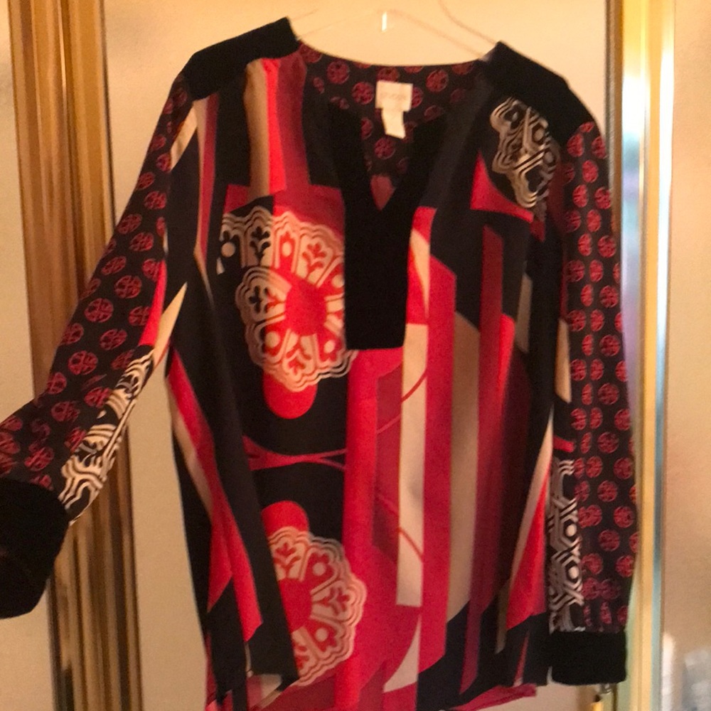 Chico’s Top Red/Black/Beige/Tan Print With black velvet trim at neck and cuffs.